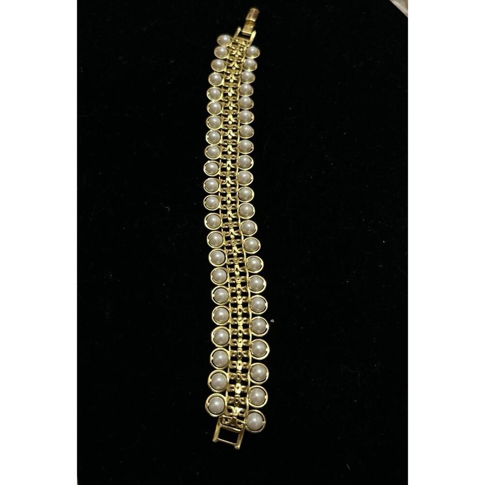 Vintage Avon bracelet 2 row faux pearl on gold tone setting Signed Avon